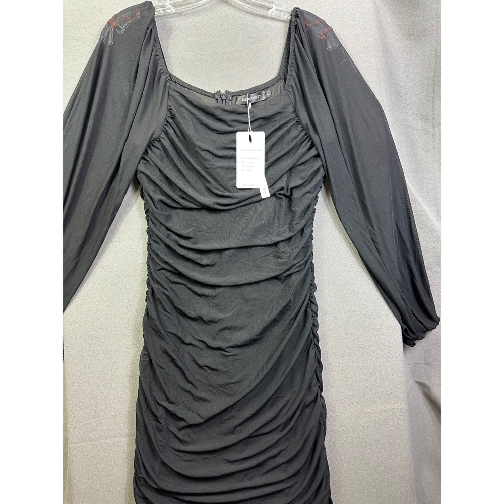 Merokeety Black Ruched Bodycon Dress Long Mesh Sleeve Square Neck NWT Size L